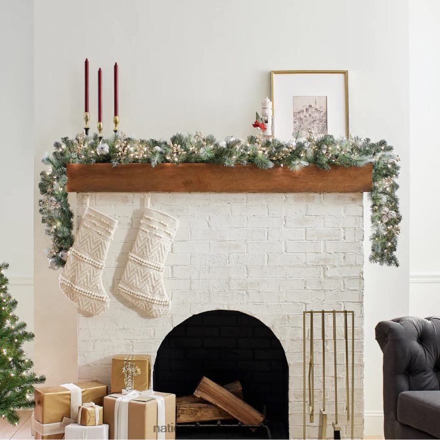 Greenery | National Tree Company Pre-Lit Artificial Christmas Garland Green Pomegranate Pine White Lights Decorated With Ball Ornaments Berry Clusters Plug In Christmas Collection 9 Feet F2L4F